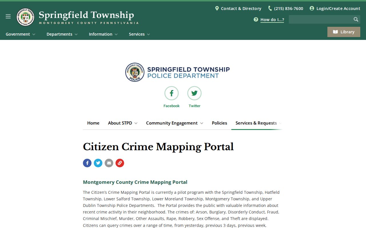 Springfield Township citizen crime mapping portal for neighborhood incident context