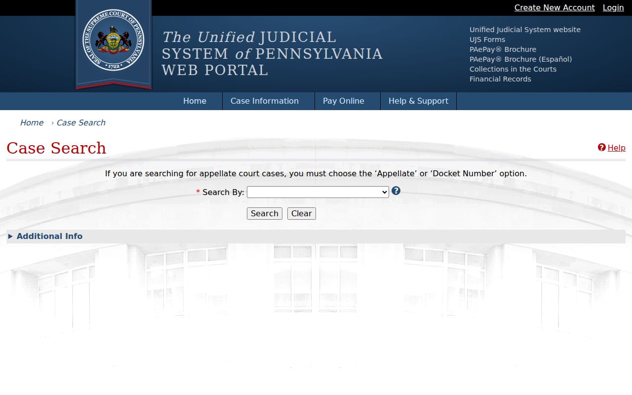 Pennsylvania UJS Case Search form for checking a Springfield Township name